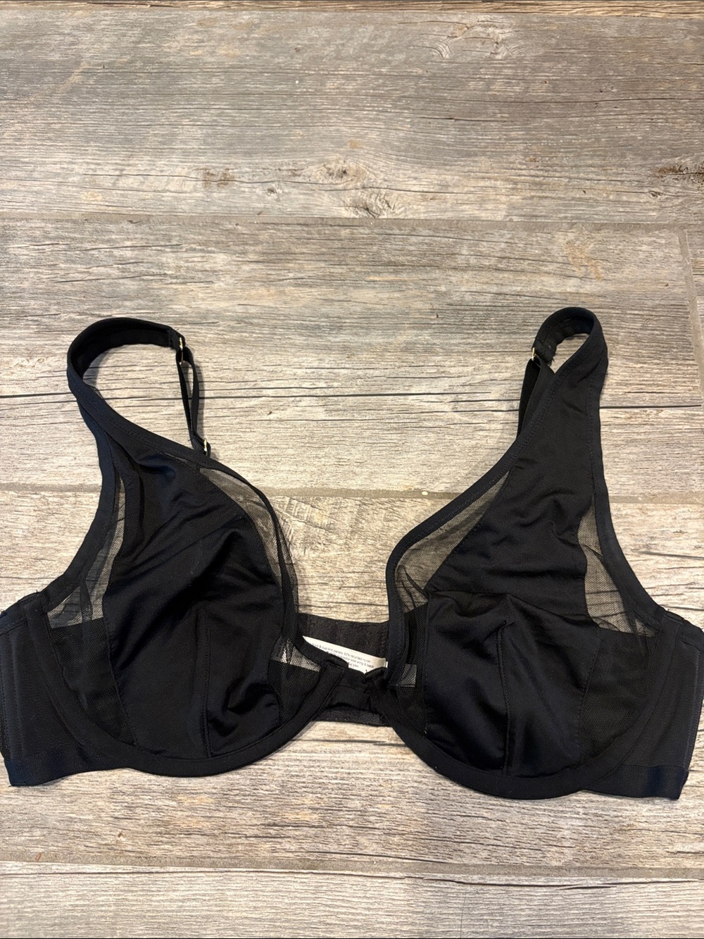 Cacique black sheer mesh underwire bra, size 38D